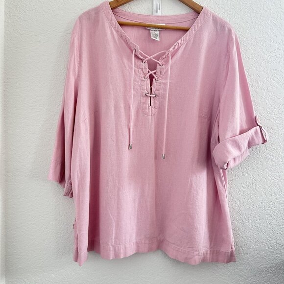 Real Comfort by Chadwick's Shirt Womens 2XL Pink Linen Blend Lace Up Cottagecore - Picture 2 of 9